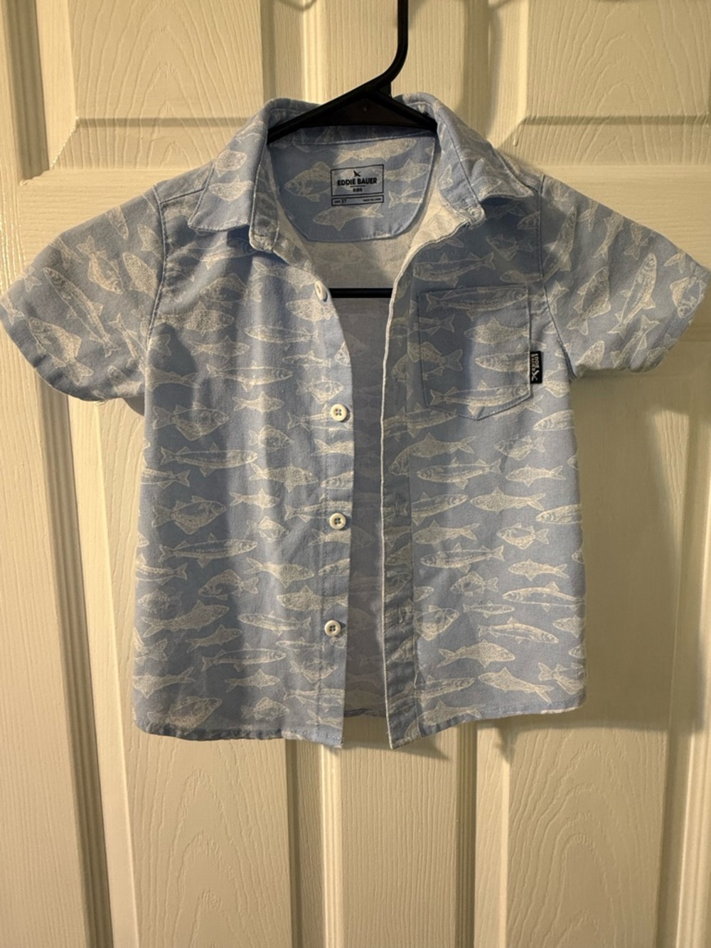 Eddie Bauer Light Blue Fish-Print Short Sleeve Button-Down